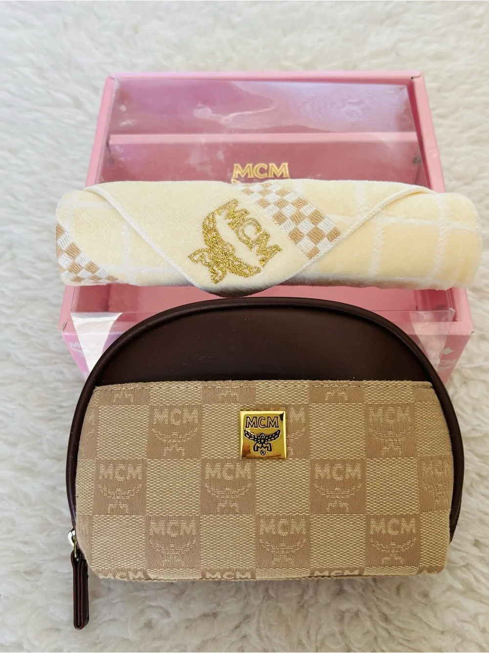 MCM Set of 2 Leather/Canvas Logo Cosmetic Pouch & Hand Towel Set